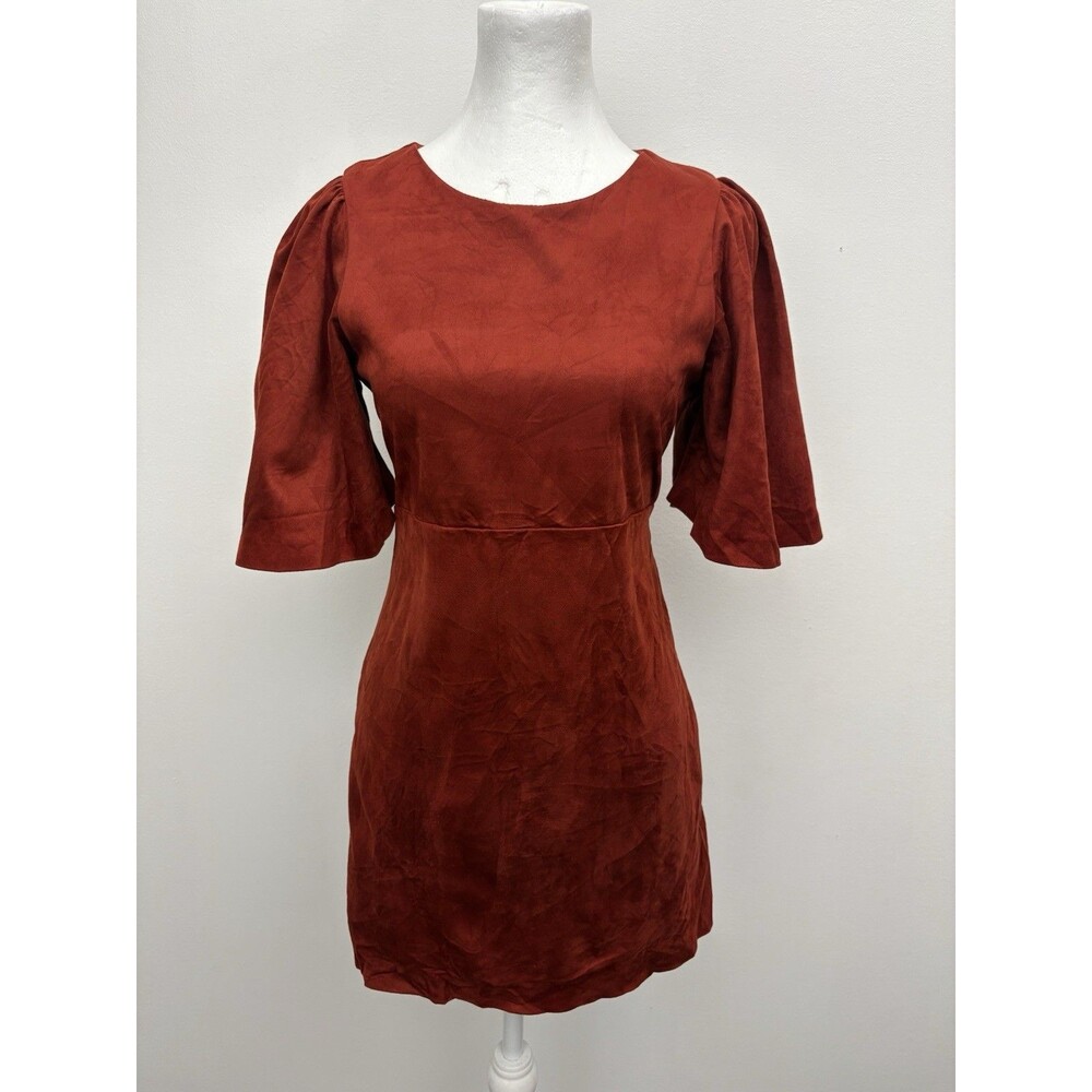 Zara Trafaluc Faux Suede Bell Sleeve Red Mini Dress  S Rust Burnt Orange Shift